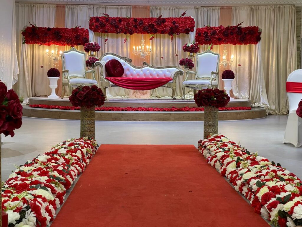 Barat Decoration Crystal Palace Events by bajwa Red and white Decoration